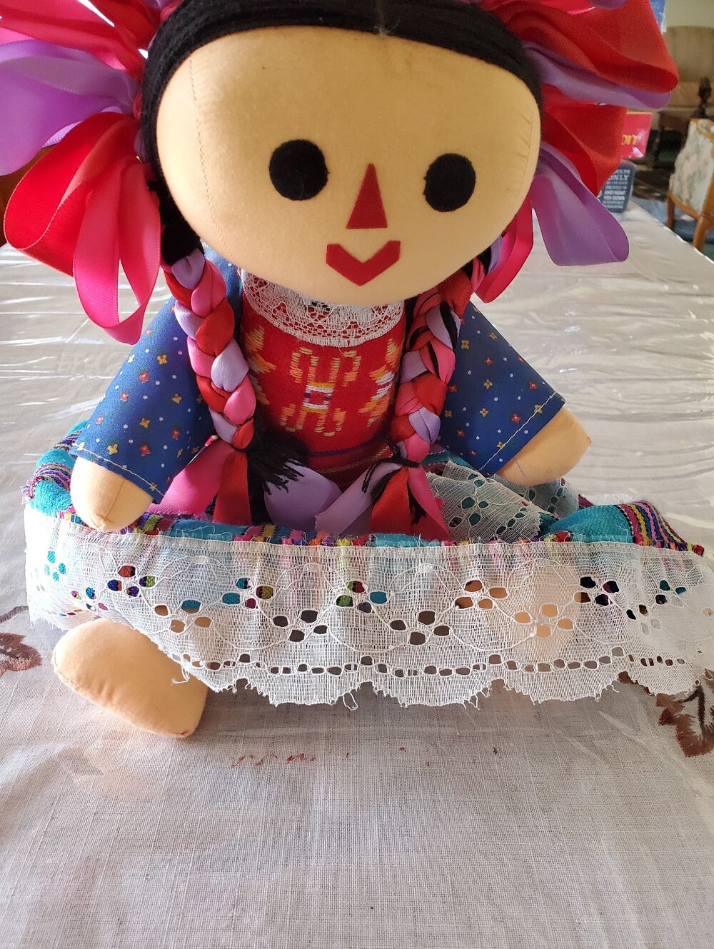 Handmade Cloth Doll with Pink & Purple Ribbon Hair - Kids Toys